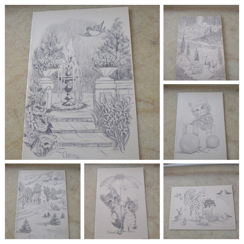 7 Vtg Blank Note Cards Ann Adams Mouth Drawn Art Prints Holiday Theme Scenery